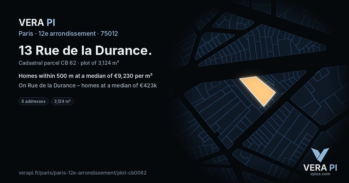 13 Rue de la Durance, 12e arrondissement at night – the plot lit, the parcels around coloured by the prices near them