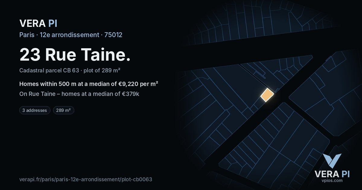 23 Rue Taine, 12e arrondissement at night – the plot lit, the parcels around coloured by the prices near them