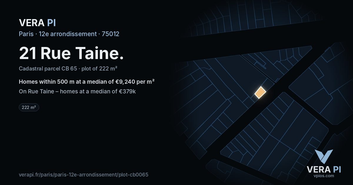 21 Rue Taine, 12e arrondissement at night – the plot lit, the parcels around coloured by the prices near them