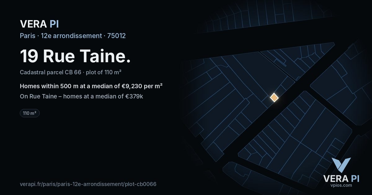 19 Rue Taine, 12e arrondissement at night – the plot lit, the parcels around coloured by the prices near them