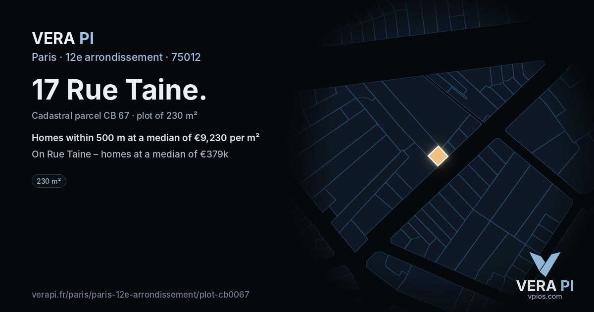 17 Rue Taine, 12e arrondissement at night – the plot lit, the parcels around coloured by the prices near them