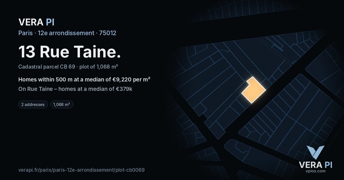 13 Rue Taine, 12e arrondissement at night – the plot lit, the parcels around coloured by the prices near them