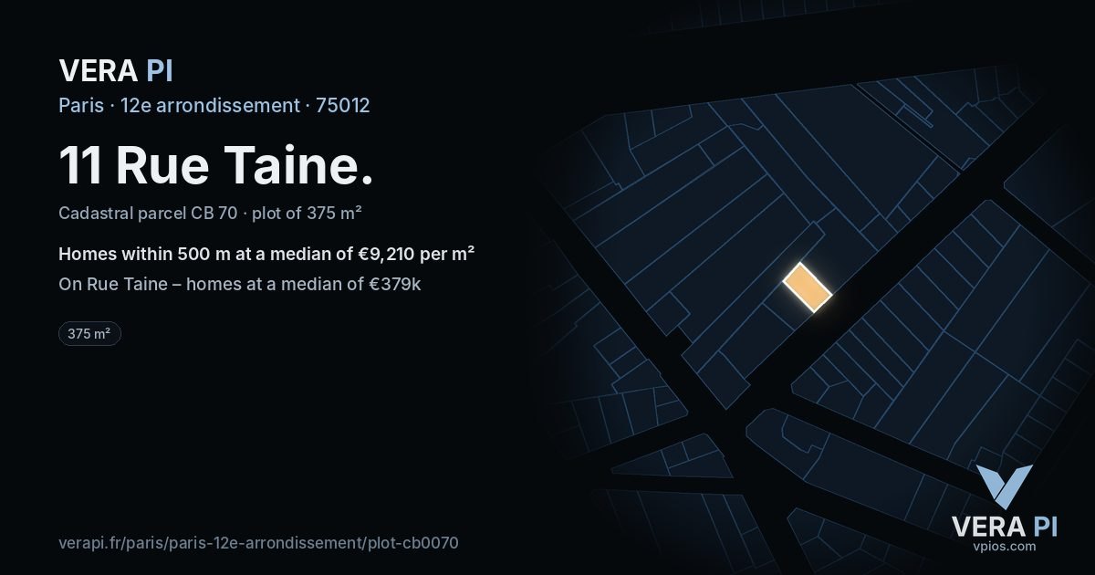11 Rue Taine, 12e arrondissement at night – the plot lit, the parcels around coloured by the prices near them