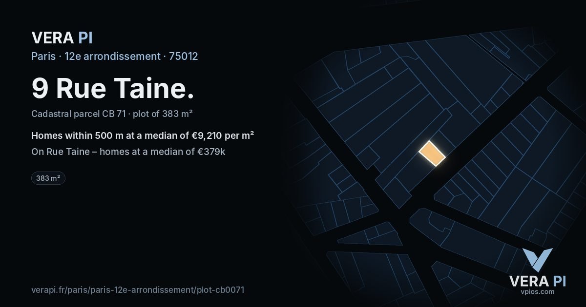 9 Rue Taine, 12e arrondissement at night – the plot lit, the parcels around coloured by the prices near them