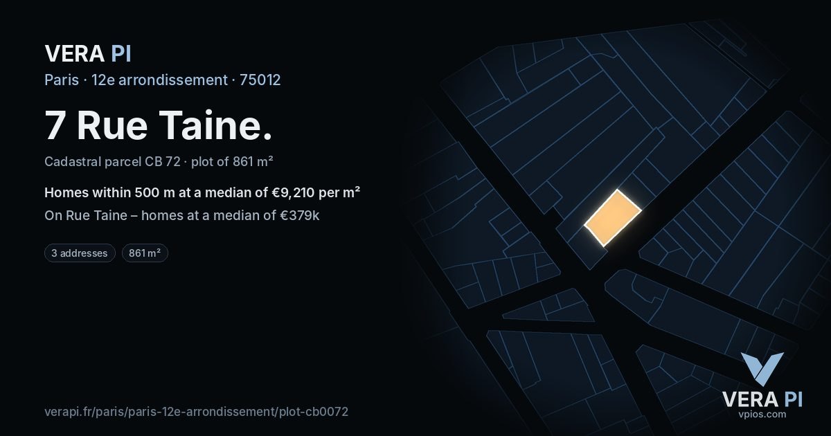 7 Rue Taine, 12e arrondissement at night – the plot lit, the parcels around coloured by the prices near them
