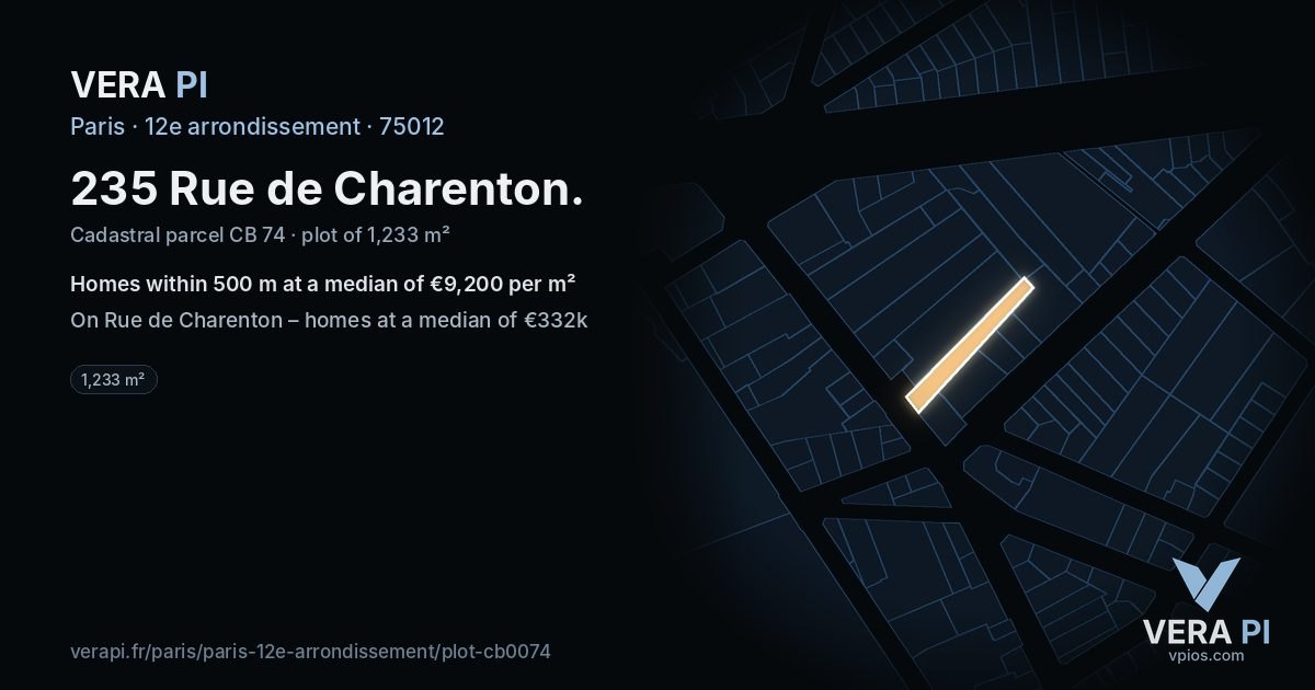 235 Rue de Charenton, 12e arrondissement at night – the plot lit, the parcels around coloured by the prices near them