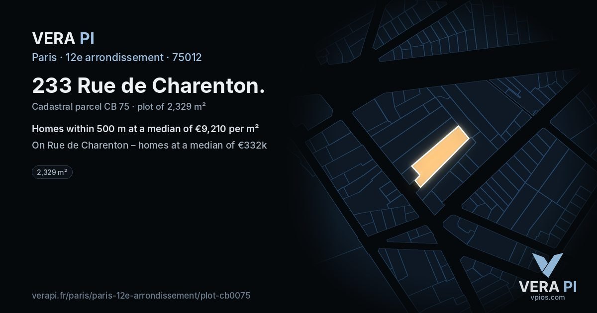 233 Rue de Charenton, 12e arrondissement at night – the plot lit, the parcels around coloured by the prices near them