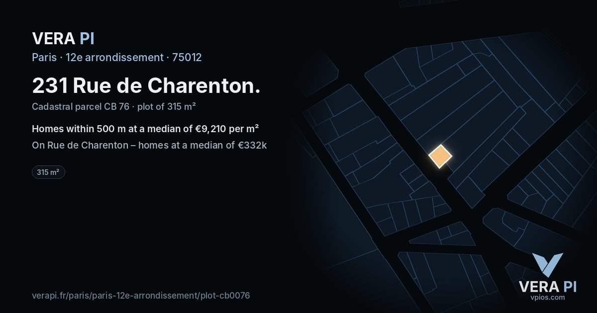231 Rue de Charenton, 12e arrondissement at night – the plot lit, the parcels around coloured by the prices near them