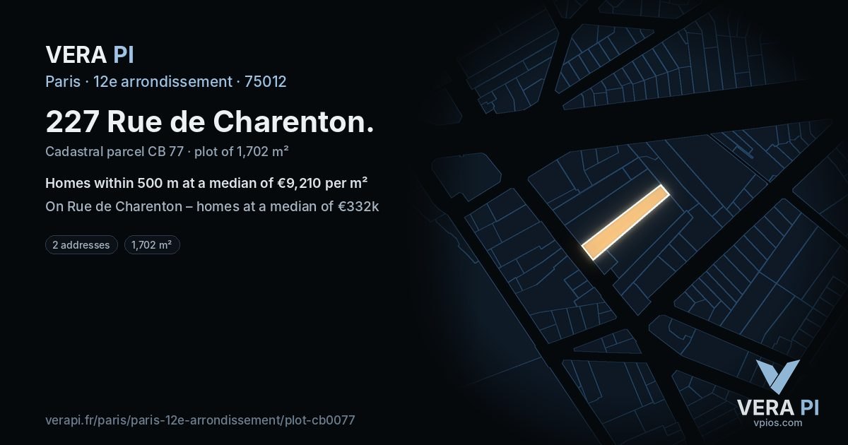 227 Rue de Charenton, 12e arrondissement at night – the plot lit, the parcels around coloured by the prices near them