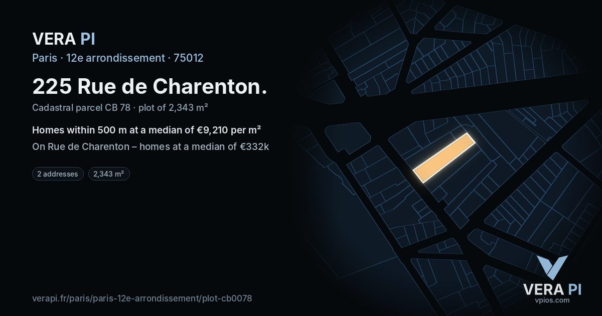 225 Rue de Charenton, 12e arrondissement at night – the plot lit, the parcels around coloured by the prices near them