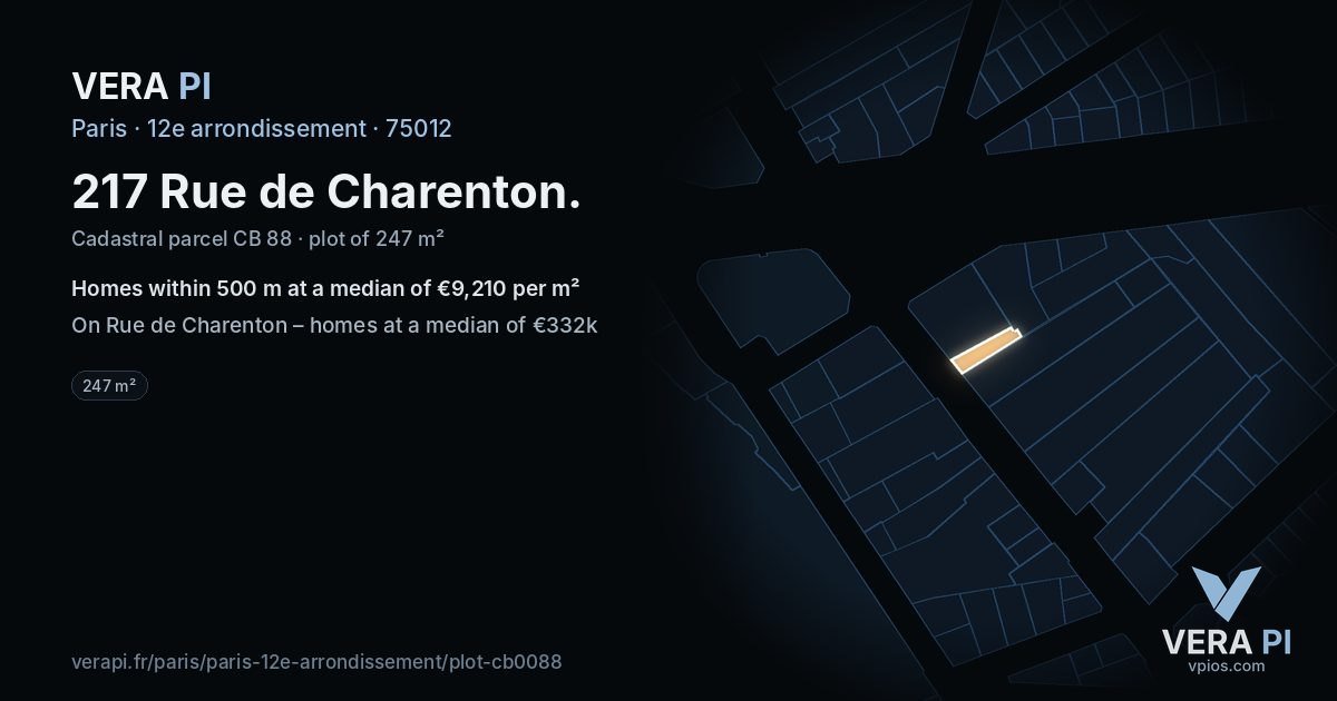217 Rue de Charenton, 12e arrondissement at night – the plot lit, the parcels around coloured by the prices near them