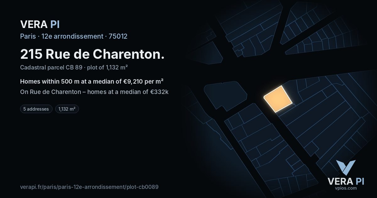 215 Rue de Charenton, 12e arrondissement at night – the plot lit, the parcels around coloured by the prices near them