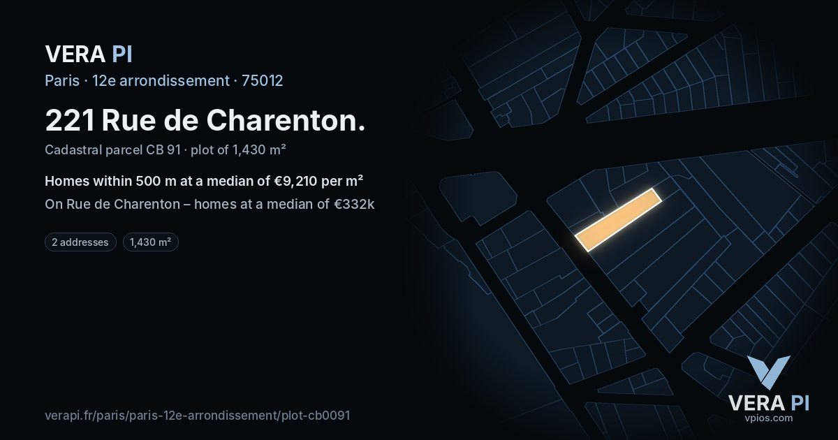 221 Rue de Charenton, 12e arrondissement at night – the plot lit, the parcels around coloured by the prices near them