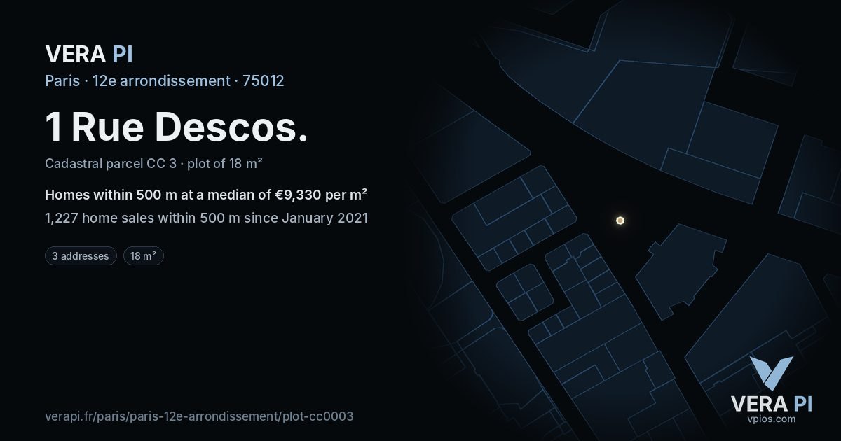 1 Rue Descos, 12e arrondissement at night – the plot lit, the parcels around coloured by the prices near them