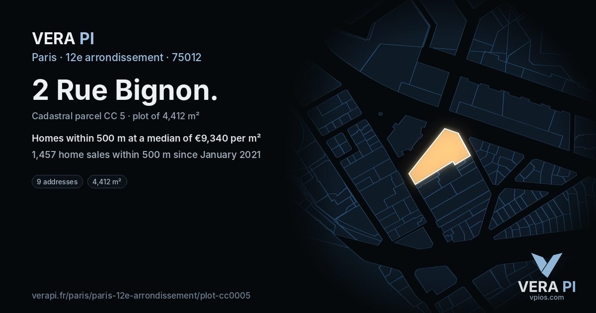 2 Rue Bignon, 12e arrondissement at night – the plot lit, the parcels around coloured by the prices near them