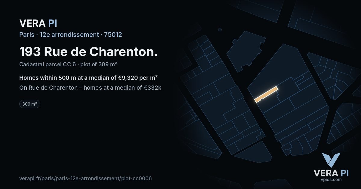 193 Rue de Charenton, 12e arrondissement at night – the plot lit, the parcels around coloured by the prices near them
