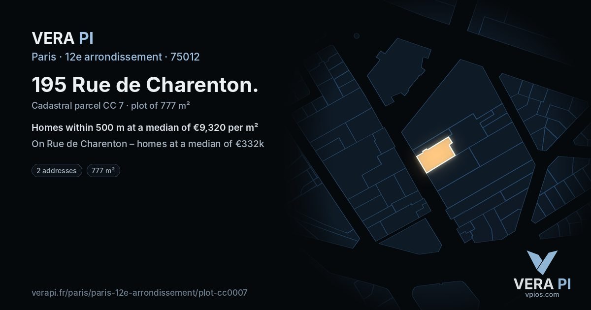 195 Rue de Charenton, 12e arrondissement at night – the plot lit, the parcels around coloured by the prices near them