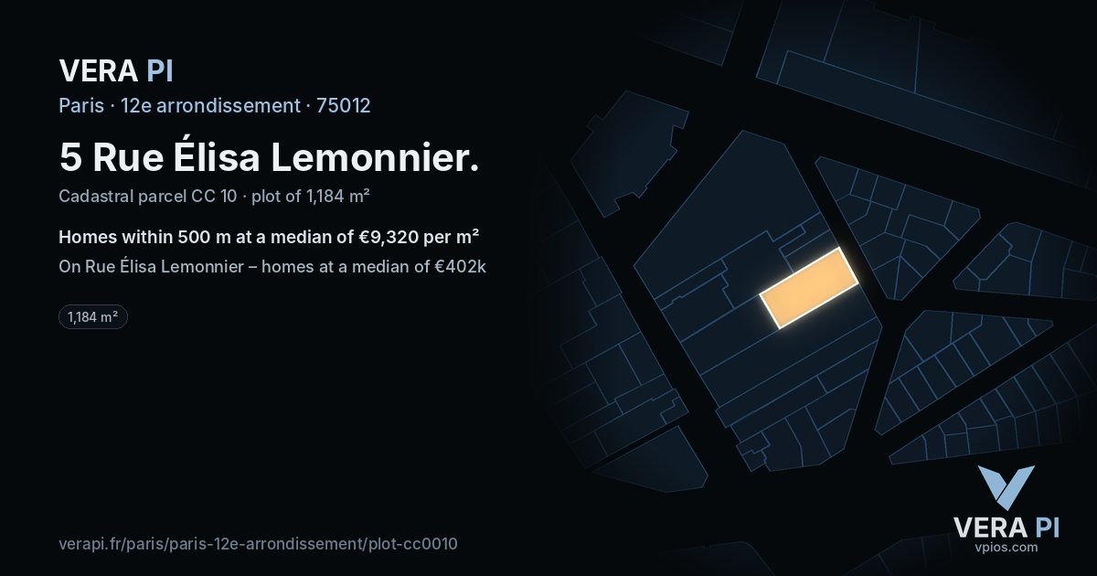 5 Rue Élisa Lemonnier, 12e arrondissement at night – the plot lit, the parcels around coloured by the prices near them