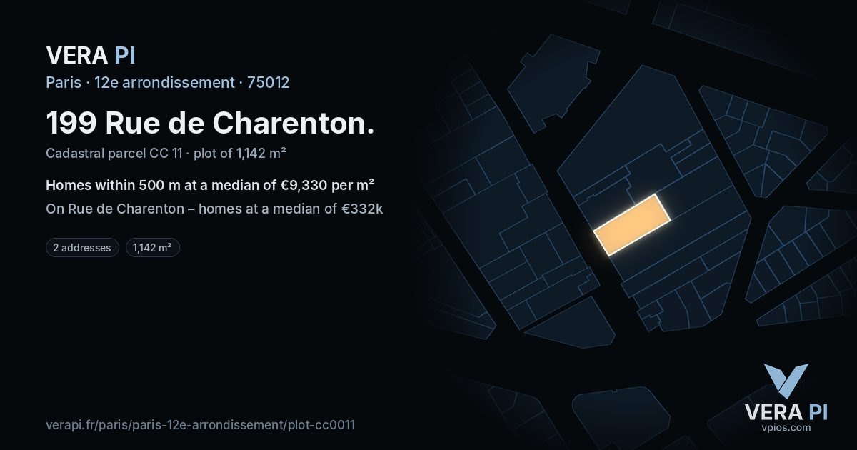 199 Rue de Charenton, 12e arrondissement at night – the plot lit, the parcels around coloured by the prices near them