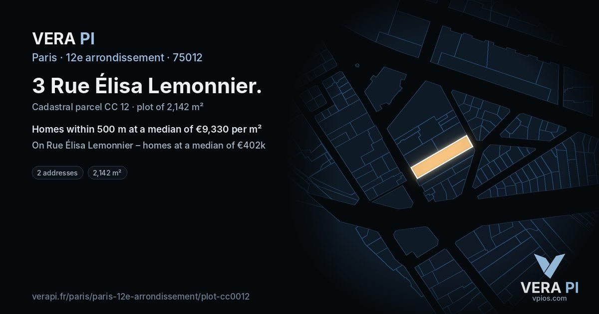 3 Rue Élisa Lemonnier, 12e arrondissement at night – the plot lit, the parcels around coloured by the prices near them