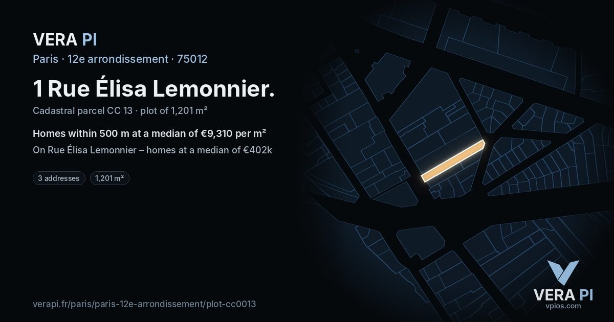 1 Rue Élisa Lemonnier, 12e arrondissement at night – the plot lit, the parcels around coloured by the prices near them