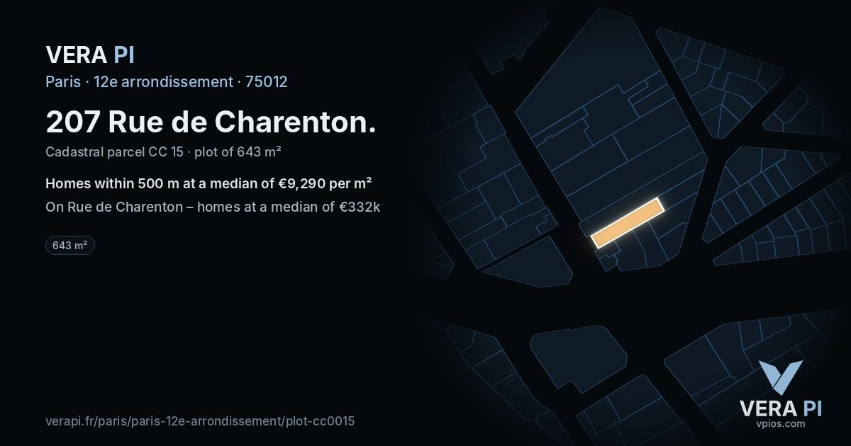 207 Rue de Charenton, 12e arrondissement at night – the plot lit, the parcels around coloured by the prices near them