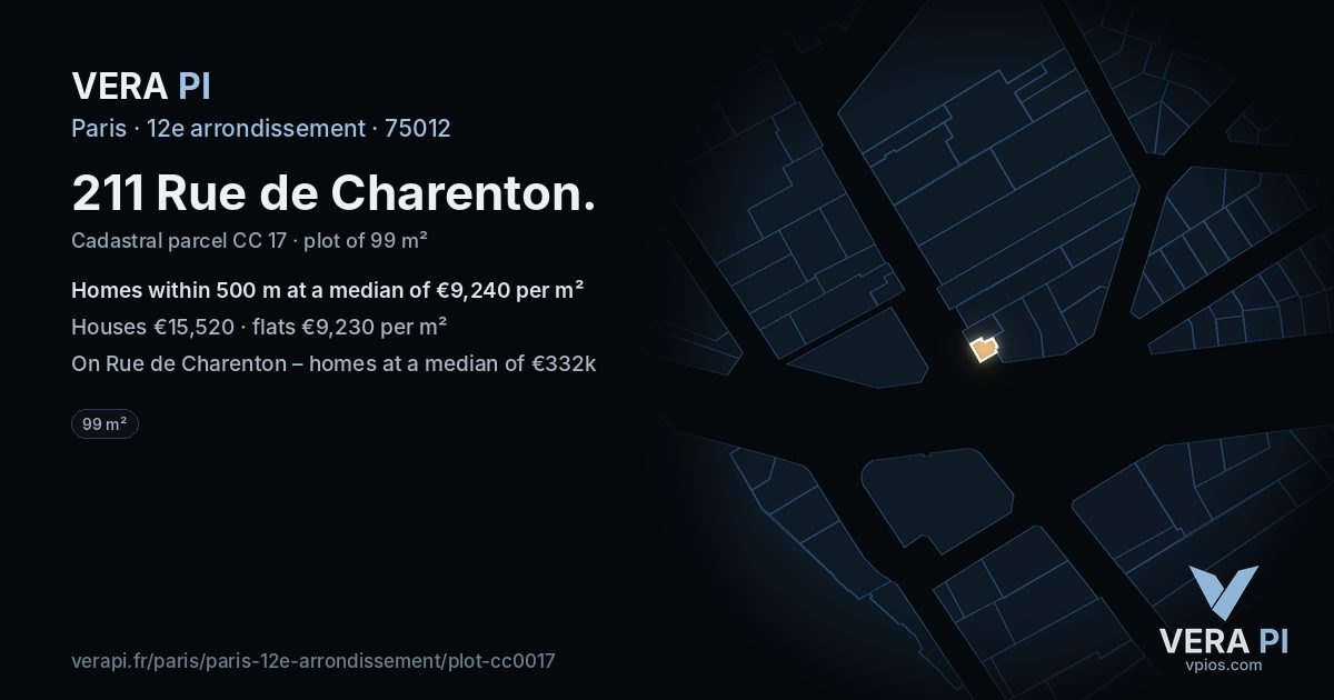 211 Rue de Charenton, 12e arrondissement at night – the plot lit, the parcels around coloured by the prices near them