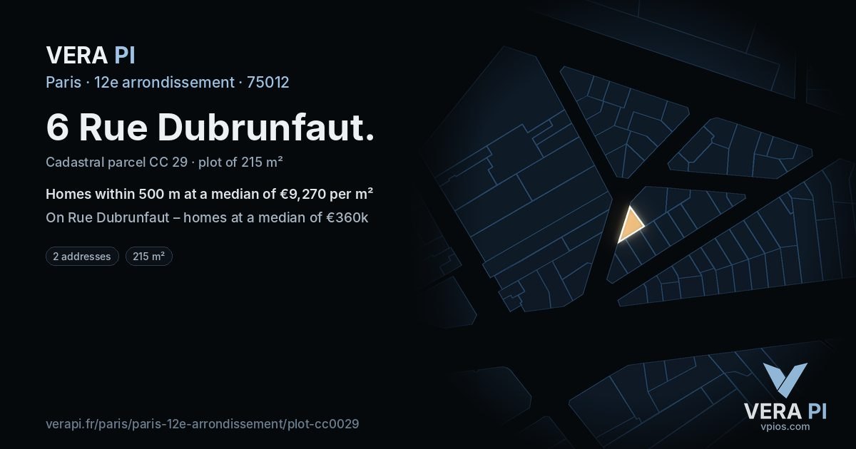 6 Rue Dubrunfaut, 12e arrondissement at night – the plot lit, the parcels around coloured by the prices near them