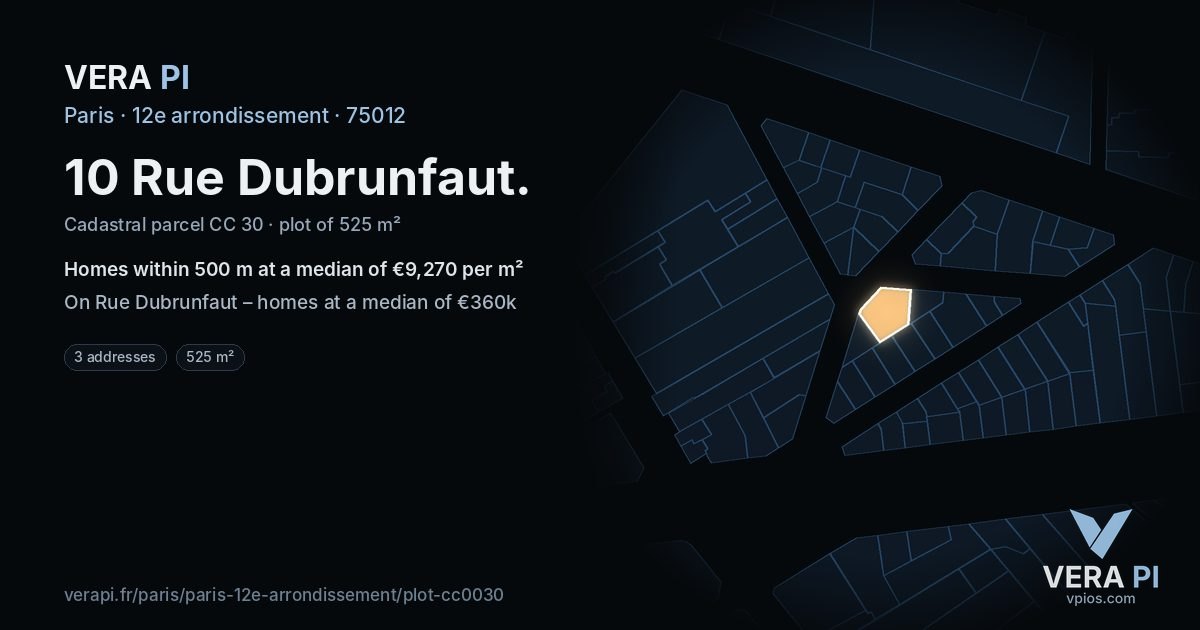 10 Rue Dubrunfaut, 12e arrondissement at night – the plot lit, the parcels around coloured by the prices near them