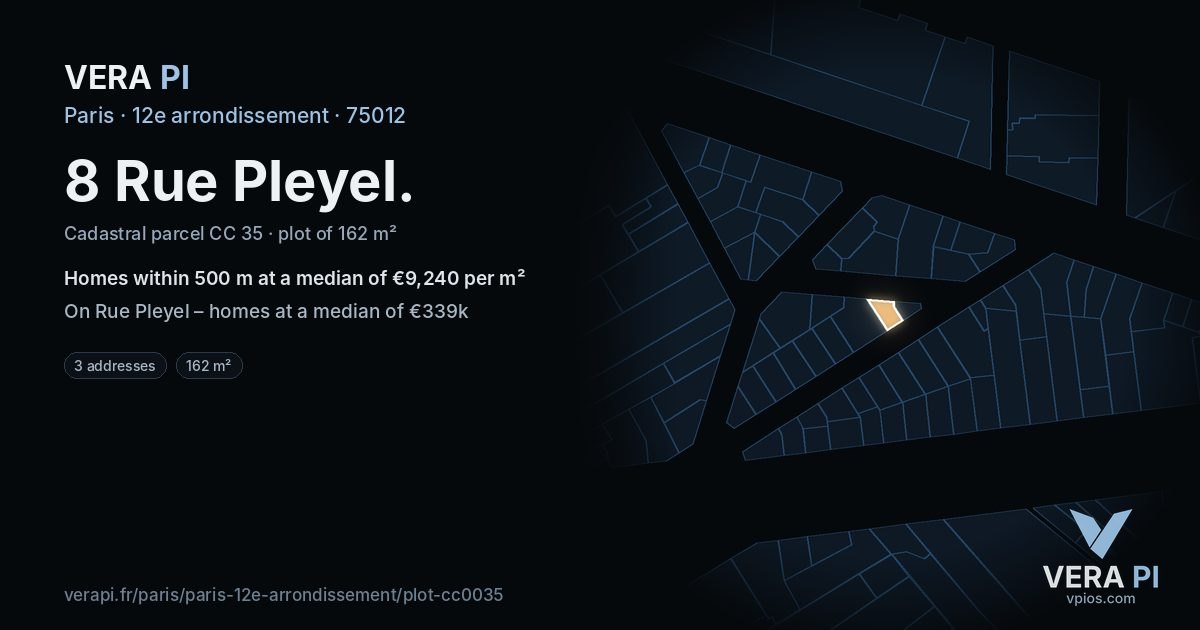 8 Rue Pleyel, 12e arrondissement at night – the plot lit, the parcels around coloured by the prices near them