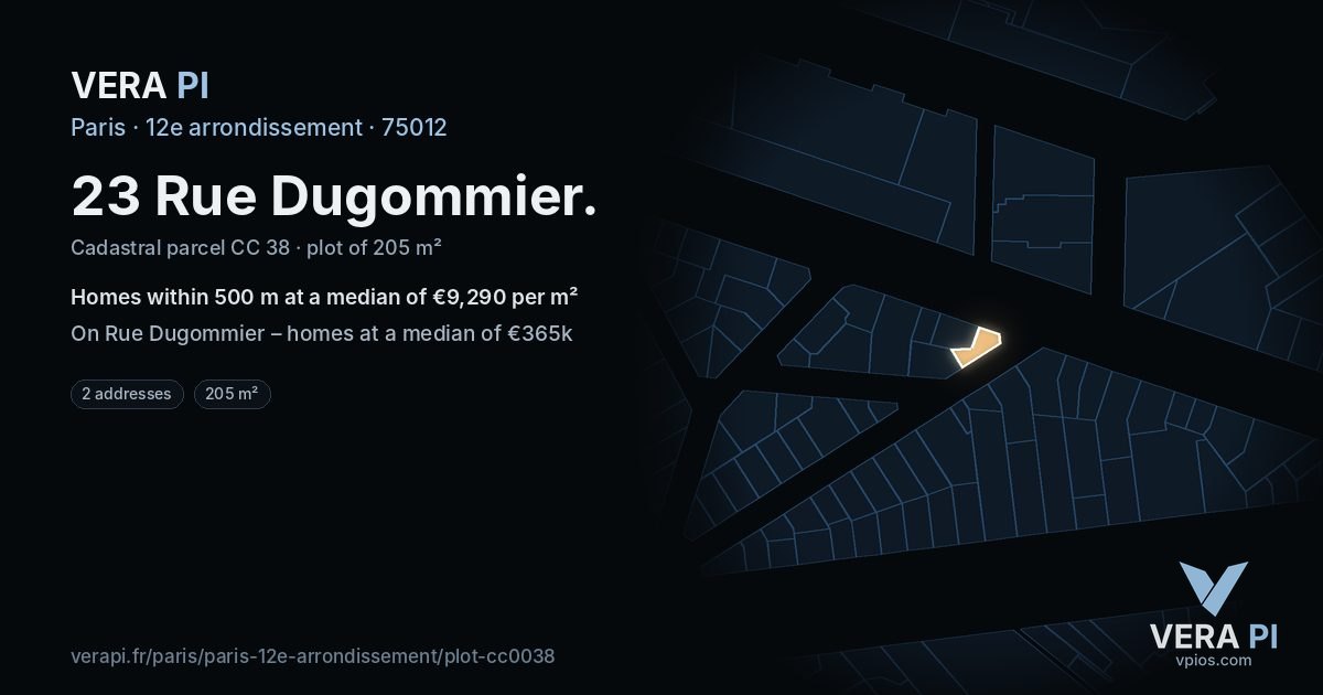 23 Rue Dugommier, 12e arrondissement at night – the plot lit, the parcels around coloured by the prices near them
