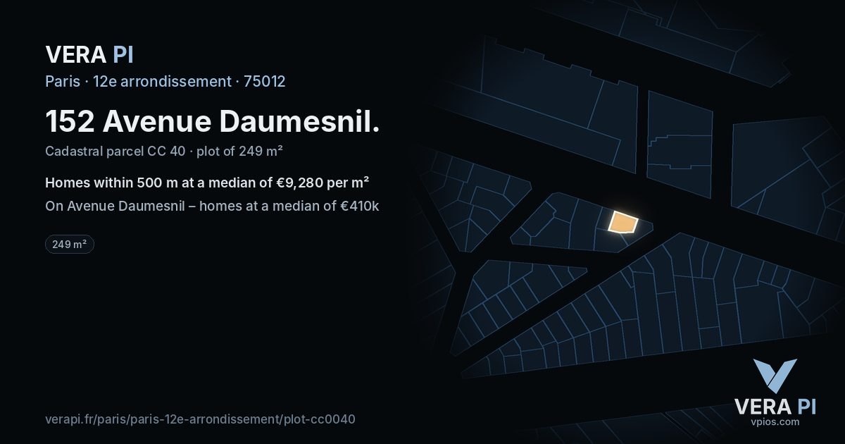 152 Avenue Daumesnil, 12e arrondissement at night – the plot lit, the parcels around coloured by the prices near them