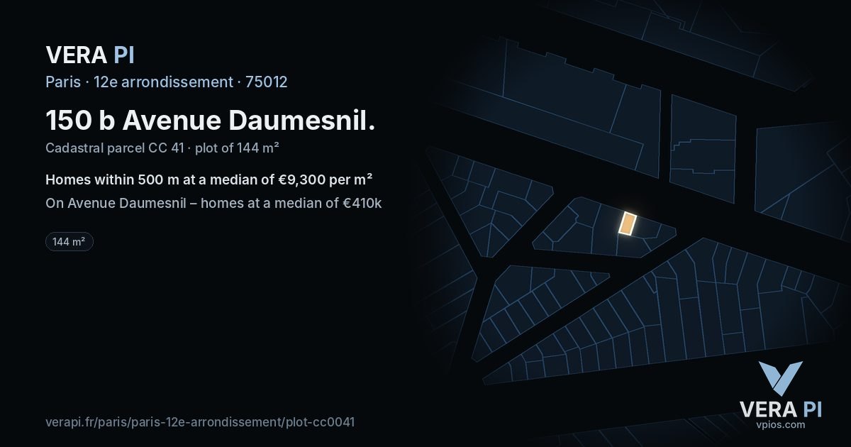 150 b Avenue Daumesnil, 12e arrondissement at night – the plot lit, the parcels around coloured by the prices near them