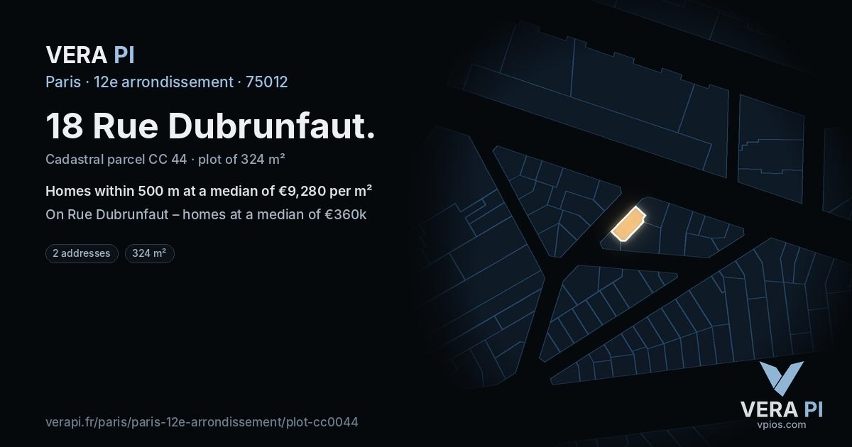 18 Rue Dubrunfaut, 12e arrondissement at night – the plot lit, the parcels around coloured by the prices near them