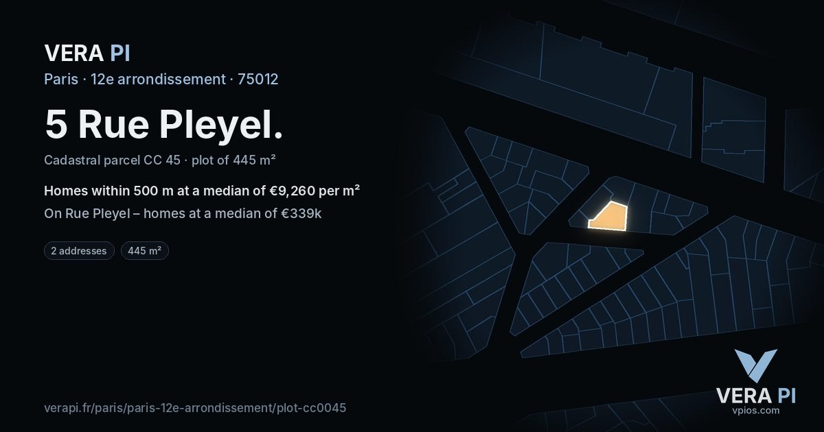 5 Rue Pleyel, 12e arrondissement at night – the plot lit, the parcels around coloured by the prices near them