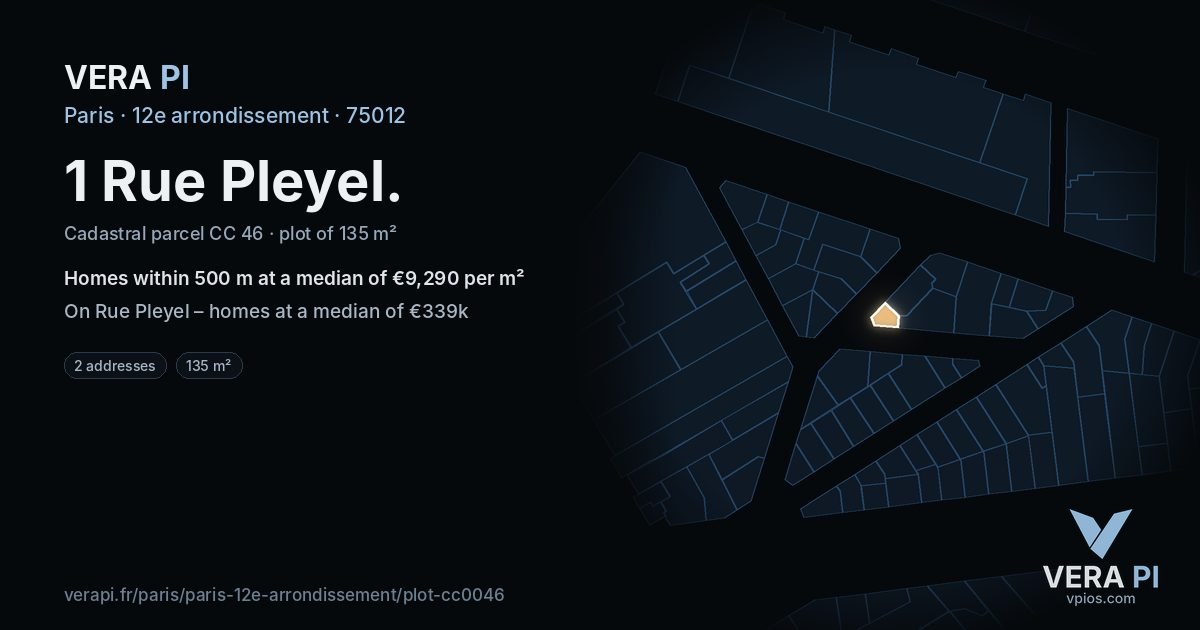 1 Rue Pleyel, 12e arrondissement at night – the plot lit, the parcels around coloured by the prices near them