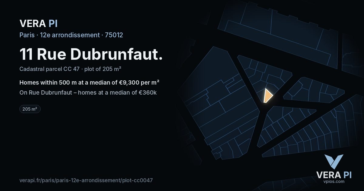 11 Rue Dubrunfaut, 12e arrondissement at night – the plot lit, the parcels around coloured by the prices near them
