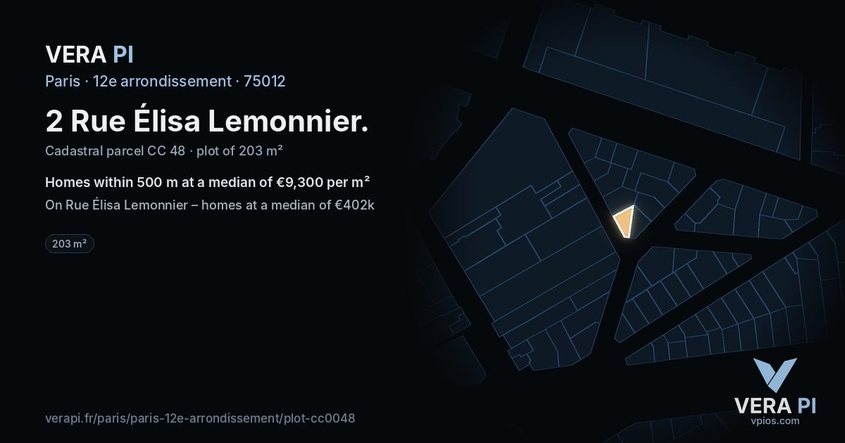 2 Rue Élisa Lemonnier, 12e arrondissement at night – the plot lit, the parcels around coloured by the prices near them