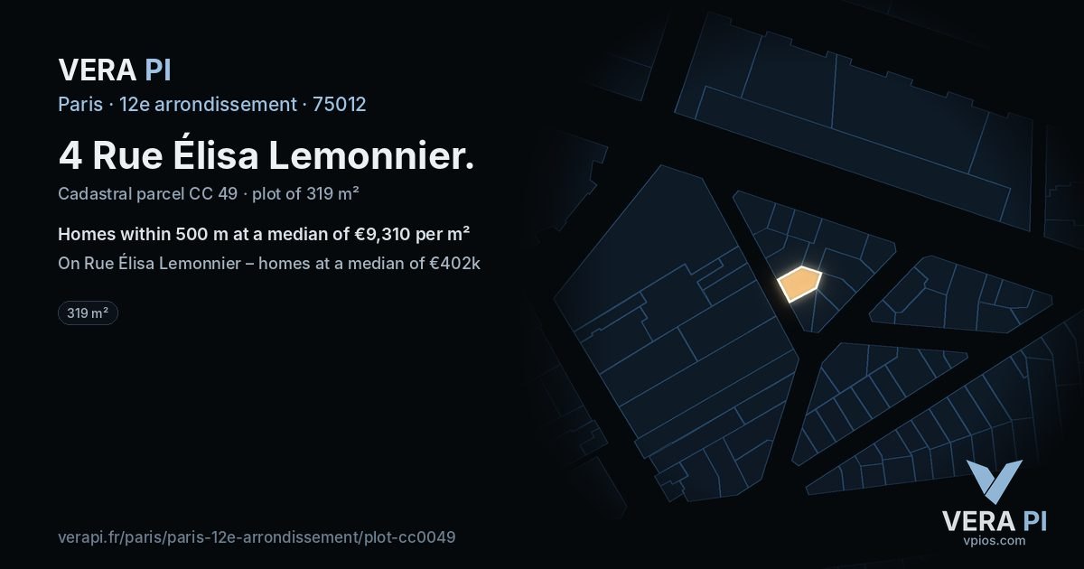 4 Rue Élisa Lemonnier, 12e arrondissement at night – the plot lit, the parcels around coloured by the prices near them
