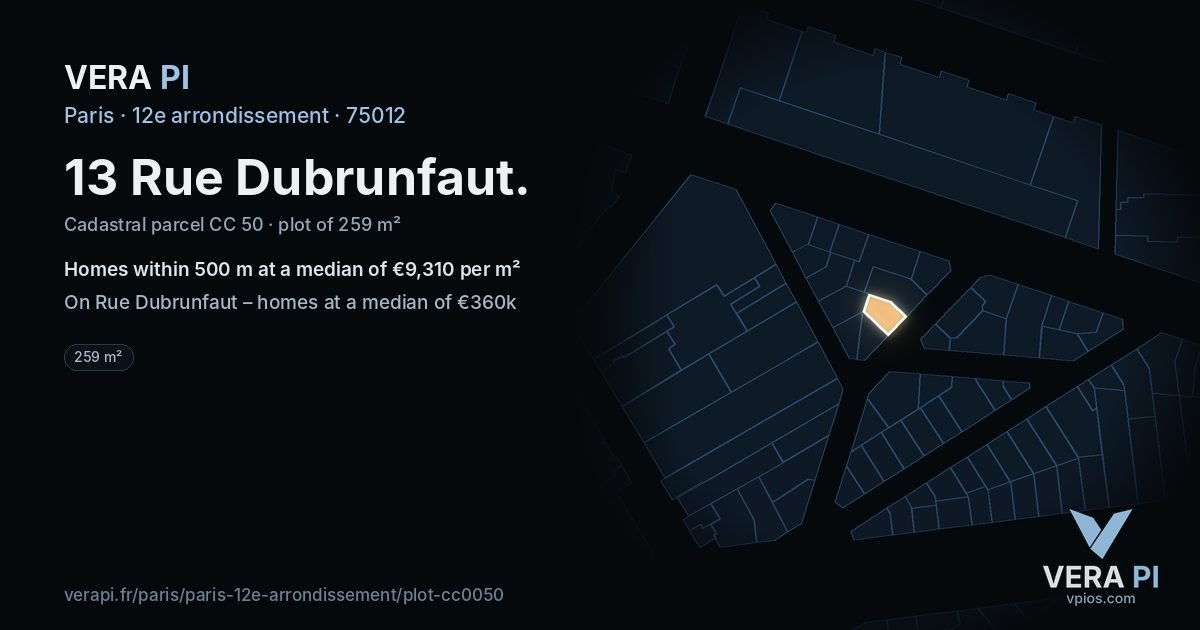 13 Rue Dubrunfaut, 12e arrondissement at night – the plot lit, the parcels around coloured by the prices near them