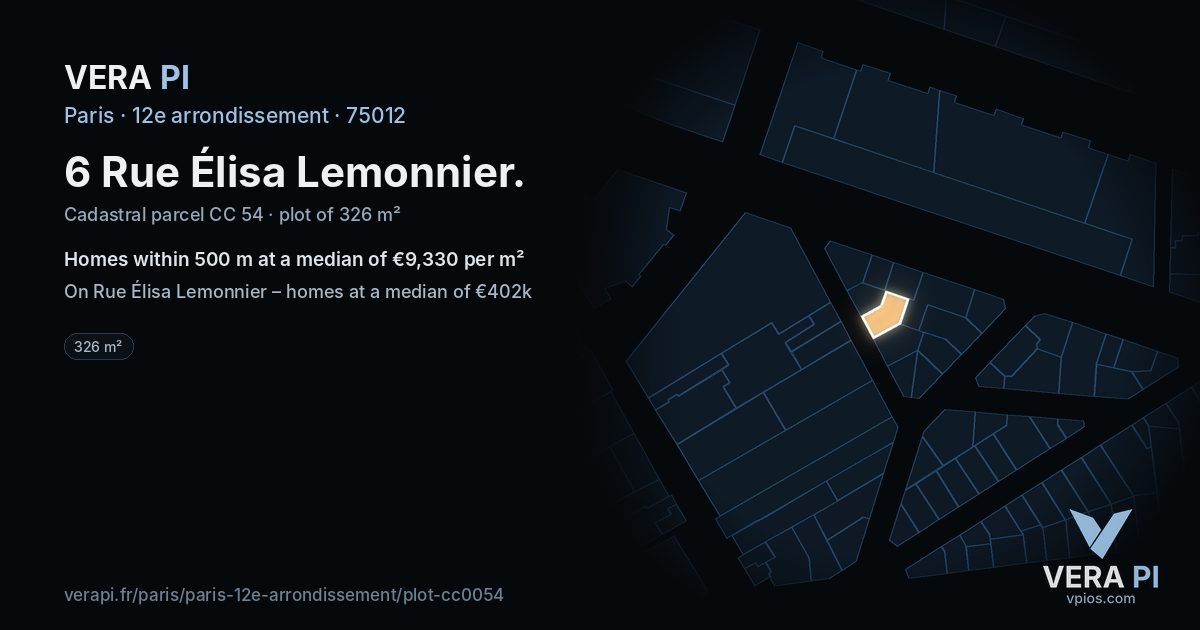 6 Rue Élisa Lemonnier, 12e arrondissement at night – the plot lit, the parcels around coloured by the prices near them