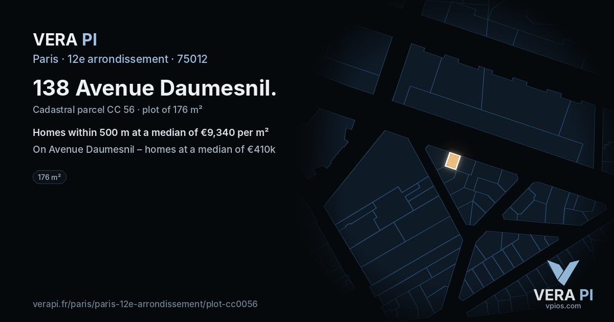 138 Avenue Daumesnil, 12e arrondissement at night – the plot lit, the parcels around coloured by the prices near them