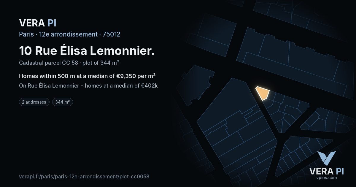 10 Rue Élisa Lemonnier, 12e arrondissement at night – the plot lit, the parcels around coloured by the prices near them