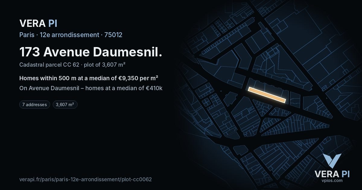 173 Avenue Daumesnil, 12e arrondissement at night – the plot lit, the parcels around coloured by the prices near them