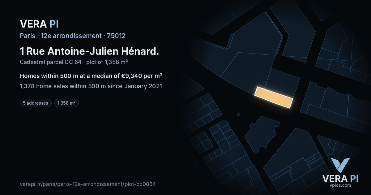 1 Rue Antoine-Julien Hénard, 12e arrondissement at night – the plot lit, the parcels around coloured by the prices near them