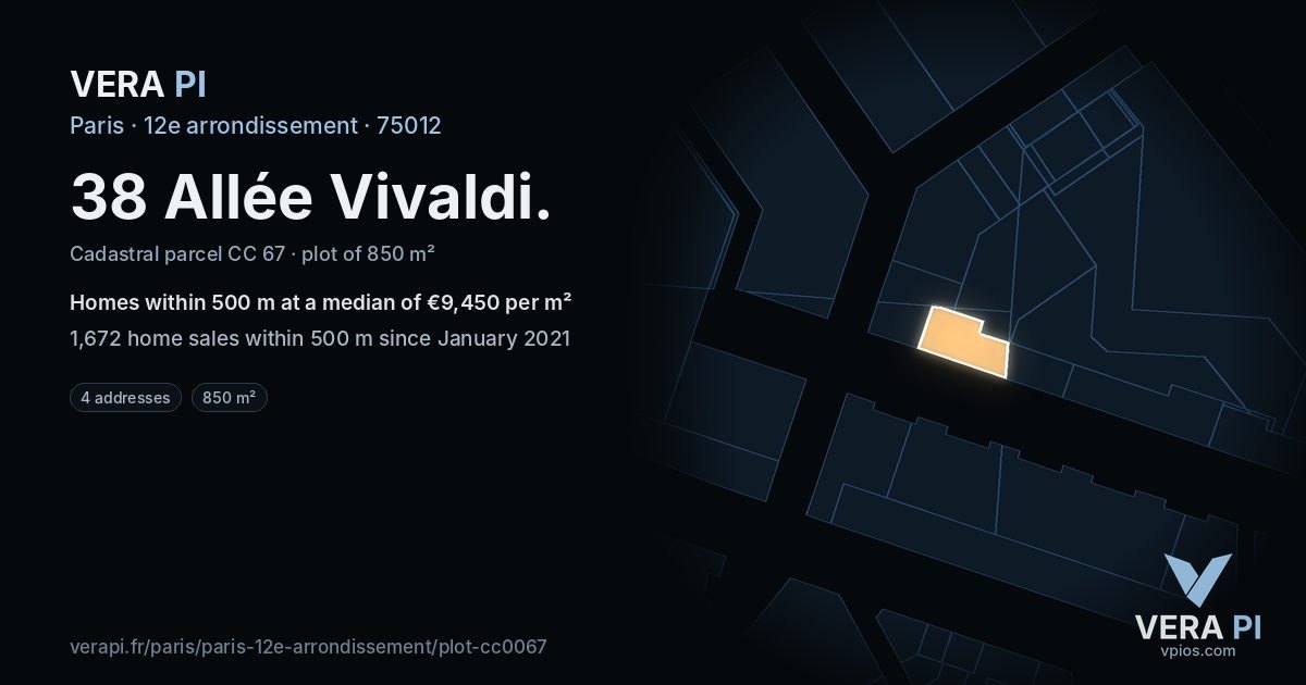 38 Allée Vivaldi, 12e arrondissement at night – the plot lit, the parcels around coloured by the prices near them