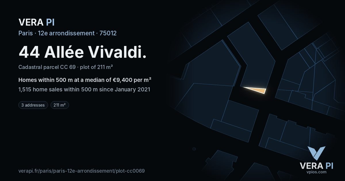 44 Allée Vivaldi, 12e arrondissement at night – the plot lit, the parcels around coloured by the prices near them