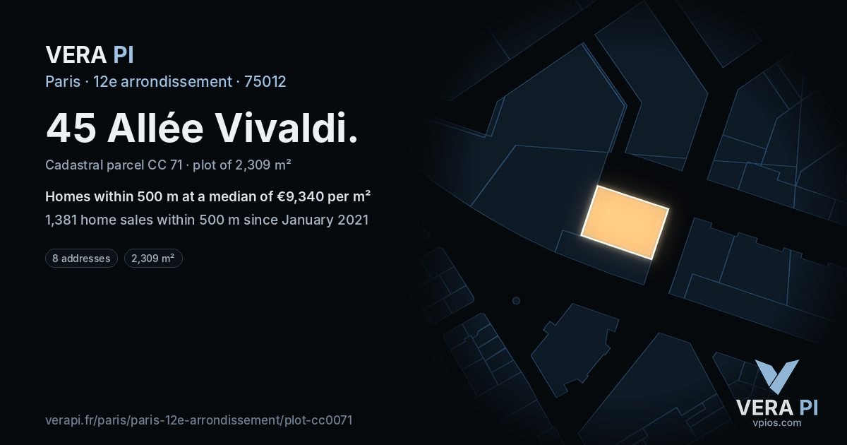 45 Allée Vivaldi, 12e arrondissement at night – the plot lit, the parcels around coloured by the prices near them