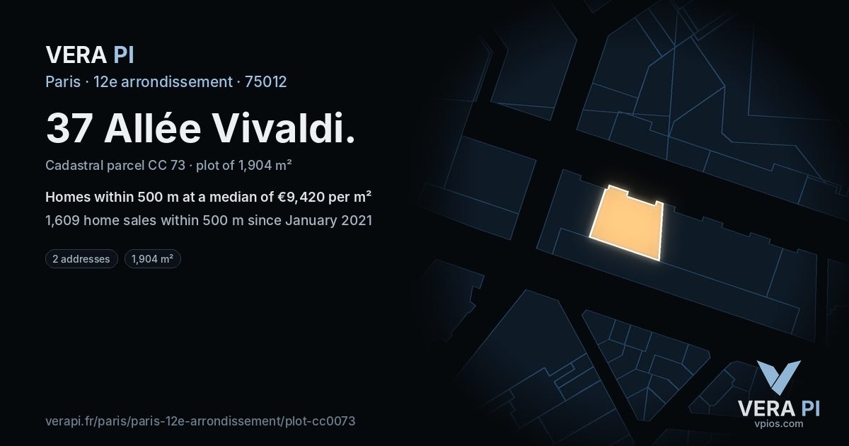 37 Allée Vivaldi, 12e arrondissement at night – the plot lit, the parcels around coloured by the prices near them