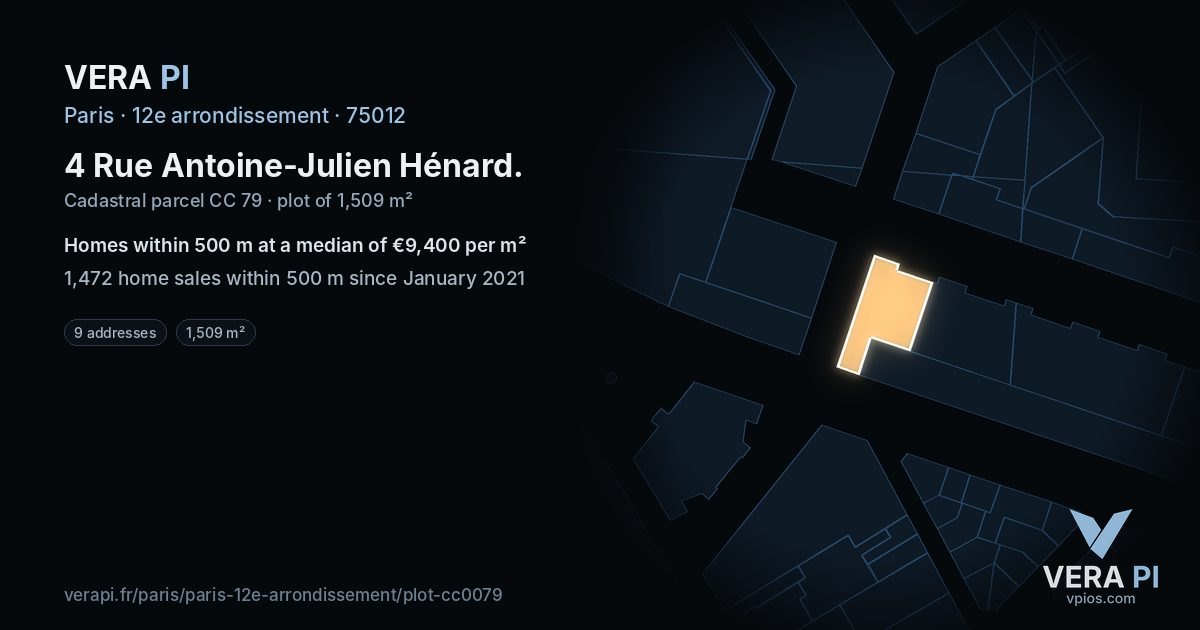 4 Rue Antoine-Julien Hénard, 12e arrondissement at night – the plot lit, the parcels around coloured by the prices near them